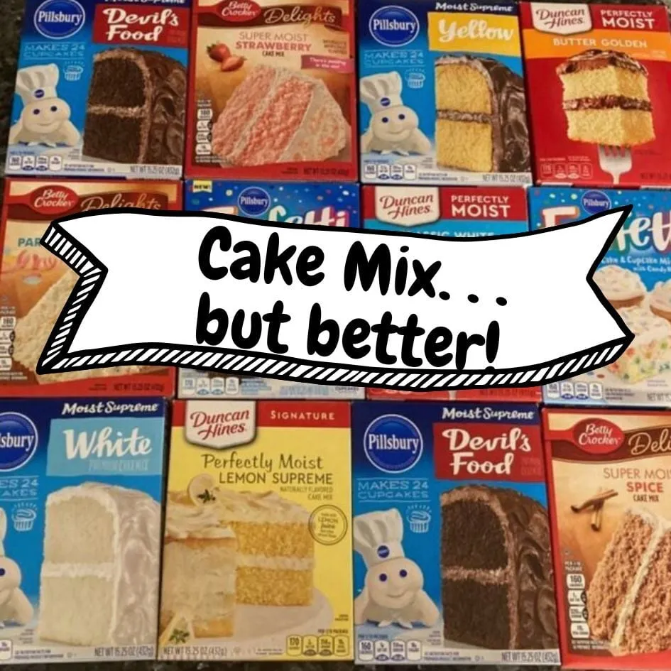 boxes of cake mix in a variety of brands and flavors with banner reading