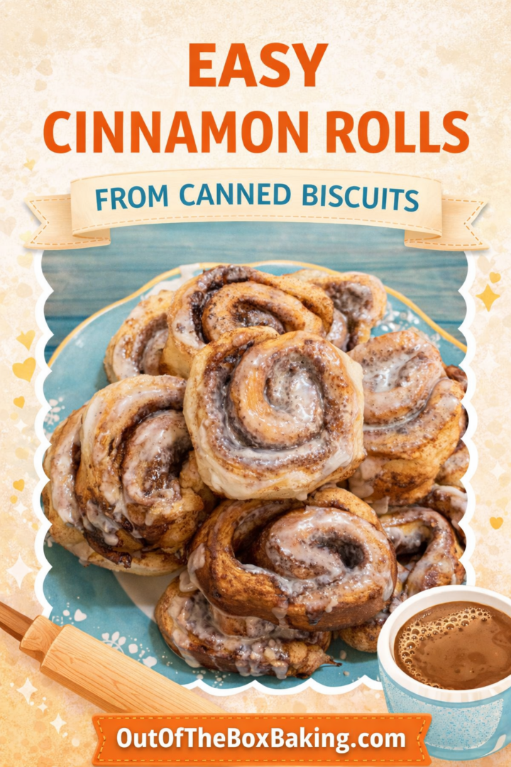 Easy cinnamon rolls made from canned biscuits, baked golden and topped with sweet glaze, served on a blue plate.