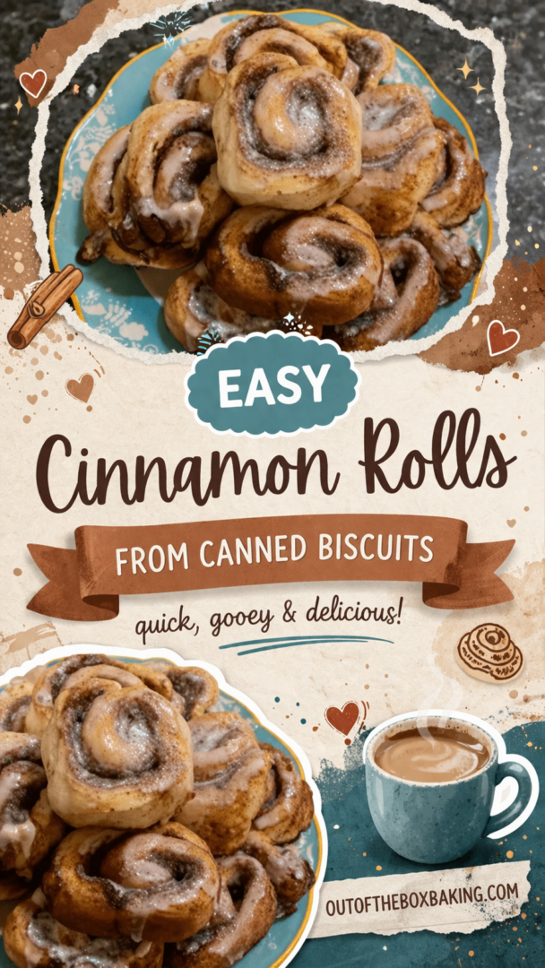 Soft cinnamon rolls made from canned biscuits, stacked on a plate and drizzled with icing, with text describing an easy shortcut cinnamon roll recipe.