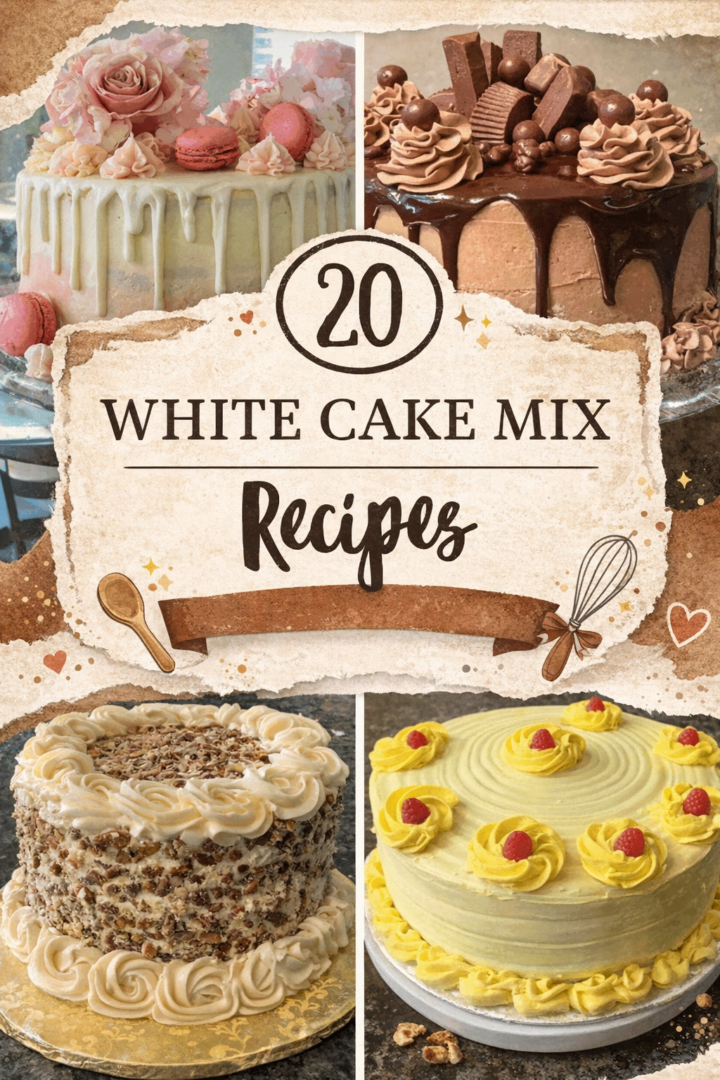 Collage of decorated cakes made from white cake mix, including floral drip cake, chocolate drip cake, pecan cake, and yellow frosted cake, with text reading 20 white cake mix recipes.