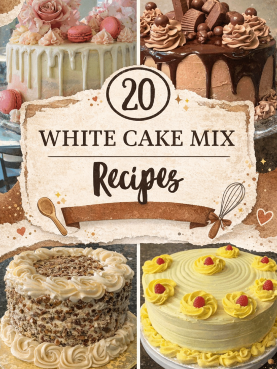 Collage of decorated cakes made from white cake mix, including floral drip cake, chocolate drip cake, pecan cake, and yellow frosted cake, with text reading 20 white cake mix recipes.