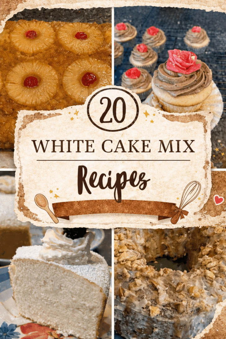 Collage of white cake mix desserts including pineapple upside down cake, decorated cupcakes, fluffy white cake slice, and glazed bundt cake, with text reading 20 white cake mix recipes.