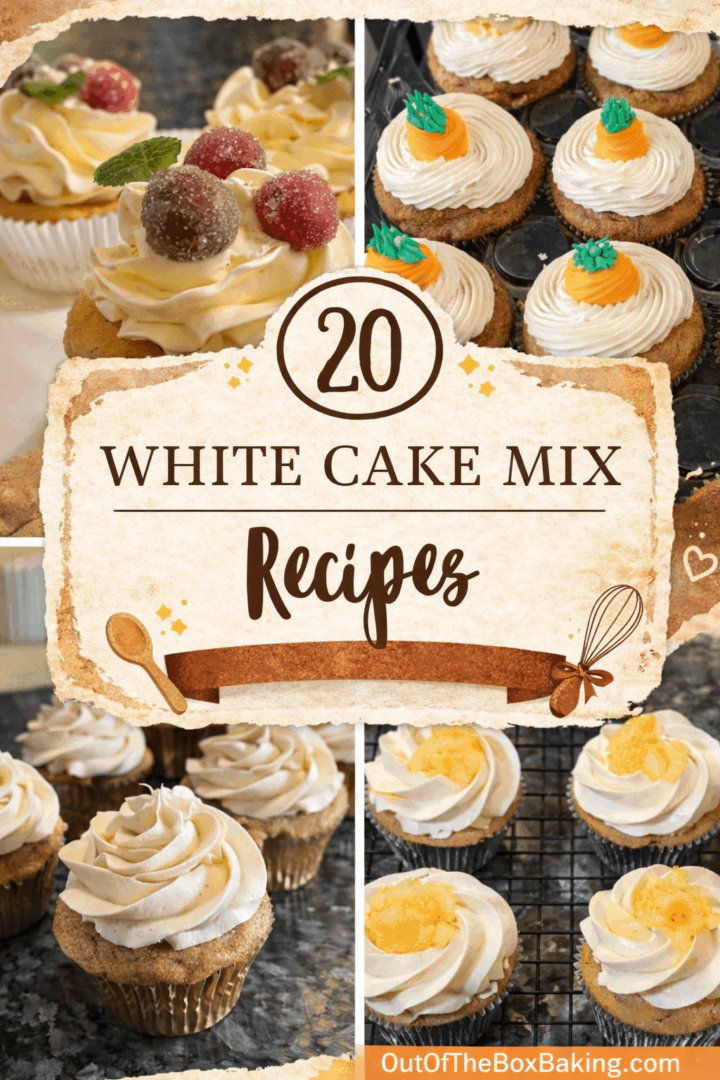 Assorted cupcakes made from white cake mix, decorated with frosting, fruit, and carrot toppers, with text highlighting 20 white cake mix recipes.