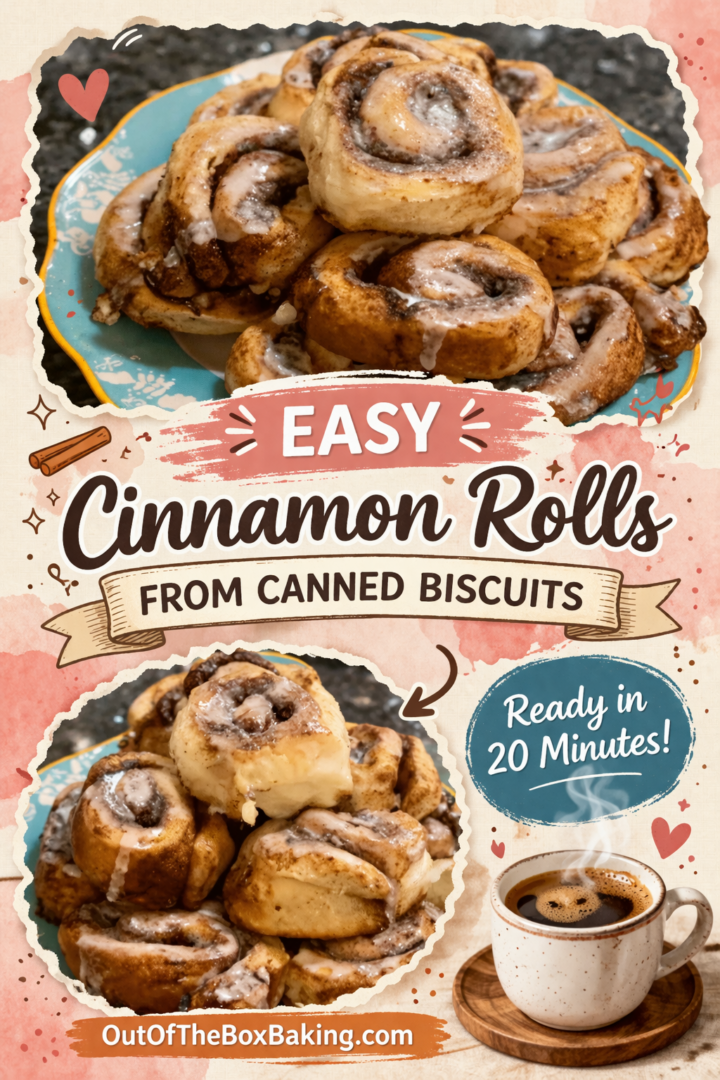 Soft cinnamon rolls made from canned biscuits, stacked on a plate and drizzled with icing, with text describing an easy shortcut cinnamon roll recipe.