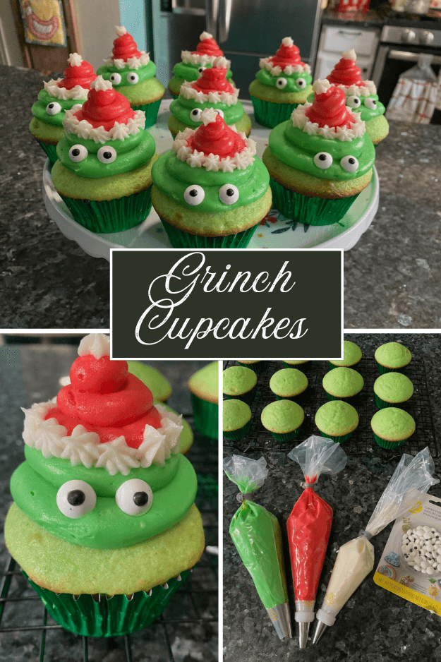 Adorable Grinch cupcakes from Out of the Box Baking Pin for Pinterest