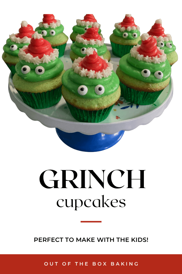 Adorable Grinch cupcakes from Out of the Box Baking Pin for Pinterest
