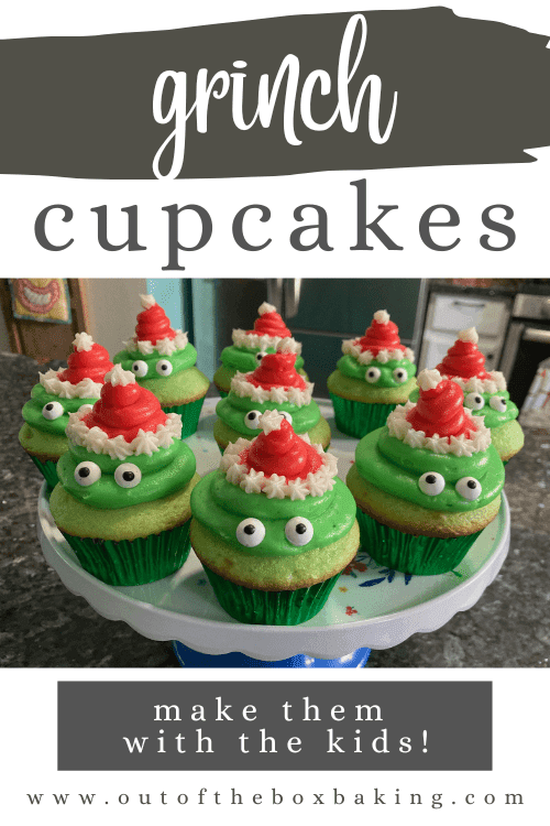 Adorable Grinch cupcakes from Out of the Box Baking Pin for Pinterest
