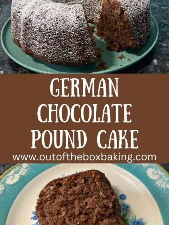 German chocolate pound cake dusted with powdered sugar, with a slice cut to reveal a rich coconut pecan filling, shown on a plate with text reading get the recipe.