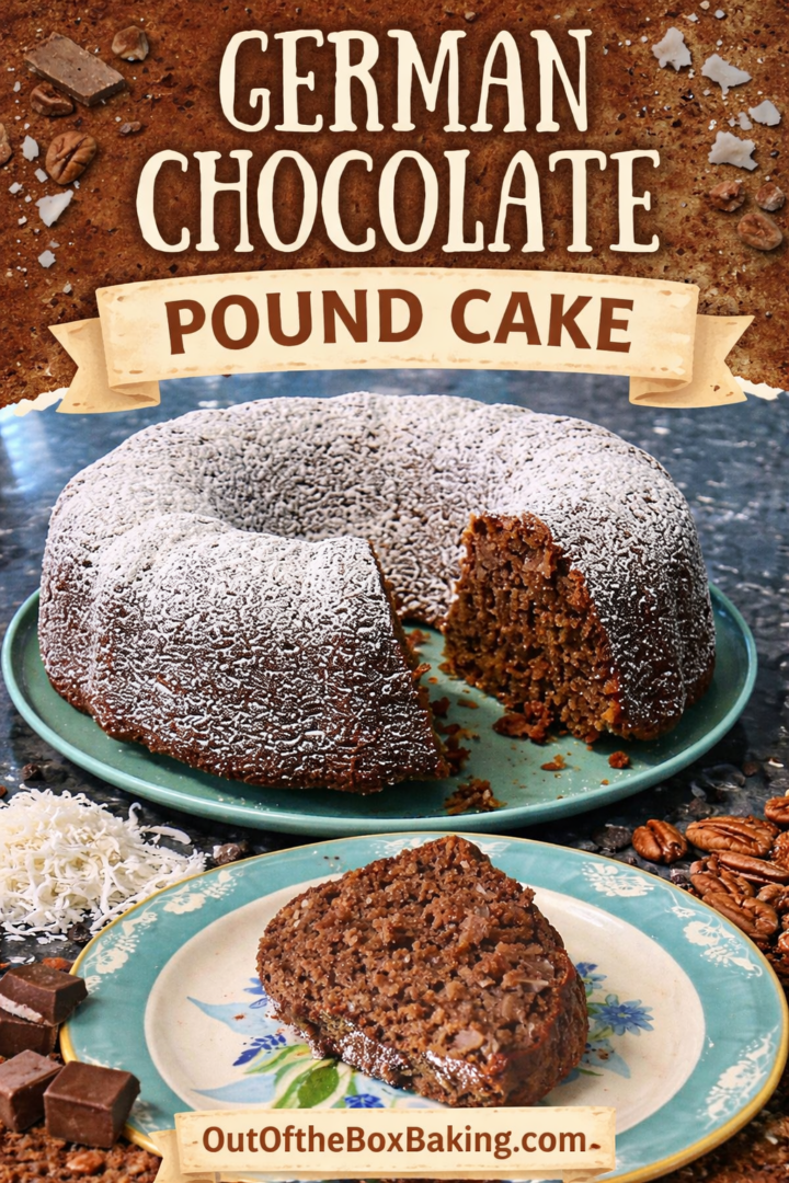 German chocolate pound cake dusted with powdered sugar, with a slice cut to reveal a rich coconut pecan filling, shown on a plate with text reading get the recipe.
