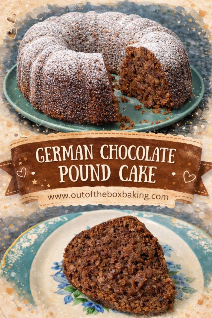German chocolate pound cake dusted with powdered sugar, with a slice cut to reveal a rich coconut pecan filling, shown on a plate with text reading get the recipe.