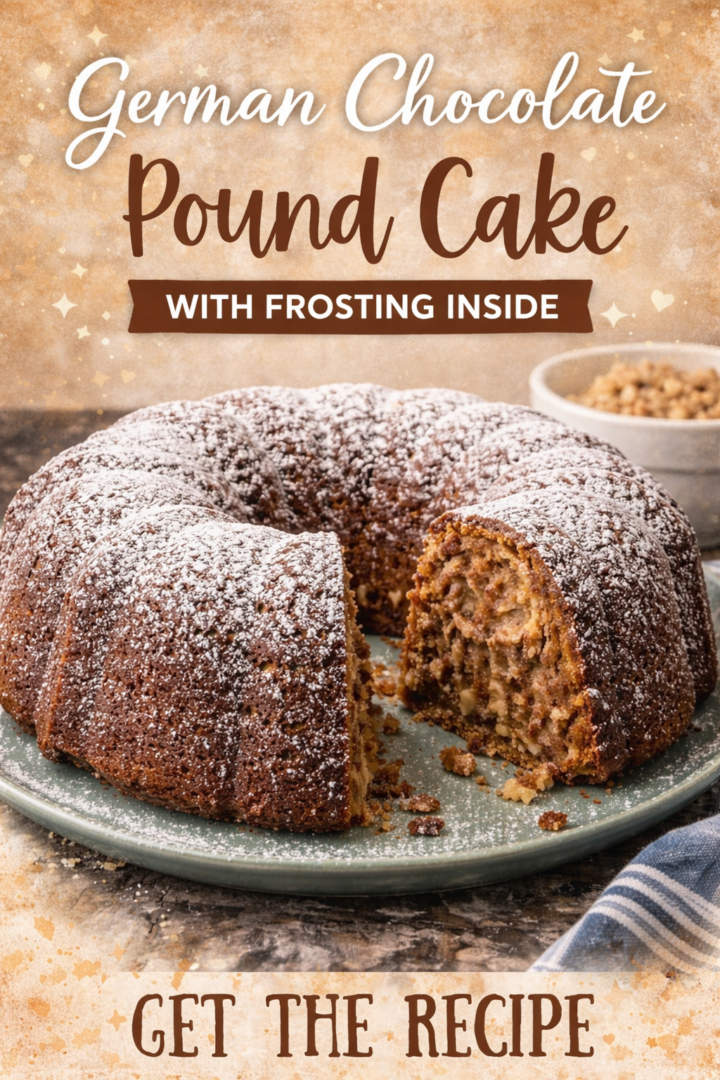 German chocolate pound cake dusted with powdered sugar, with a slice cut to reveal a rich coconut pecan filling, shown on a plate with text reading get the recipe.
