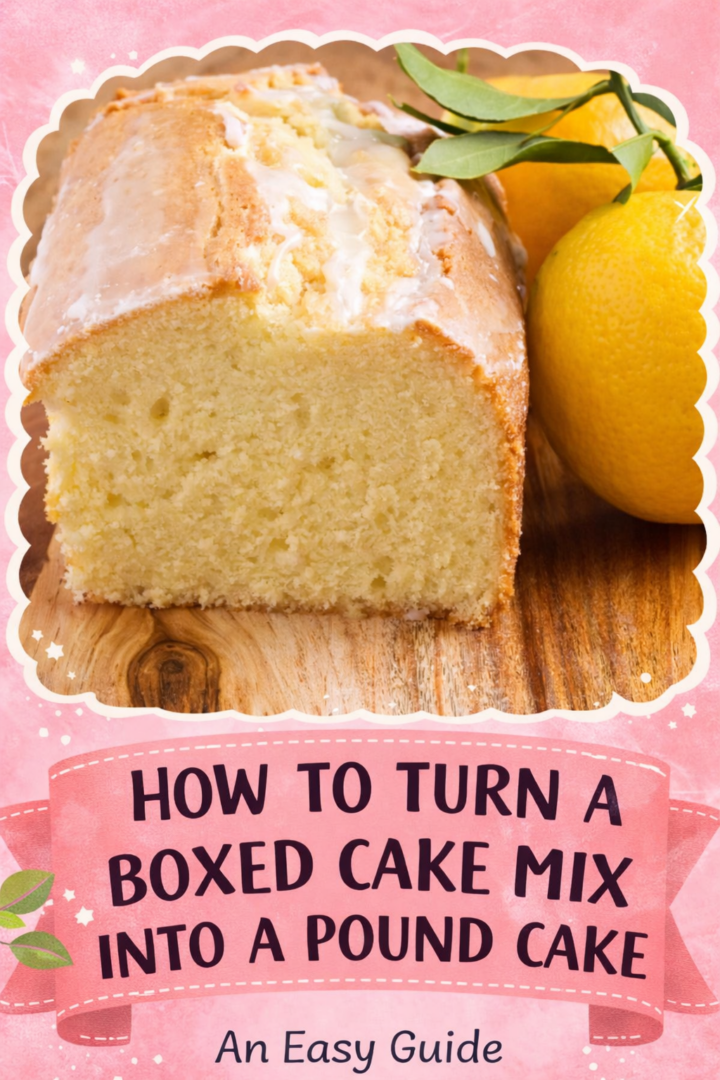 Moist lemon pound cake made from a boxed cake mix, topped with glaze and served with fresh lemons, with text describing an easy pound cake tutorial.