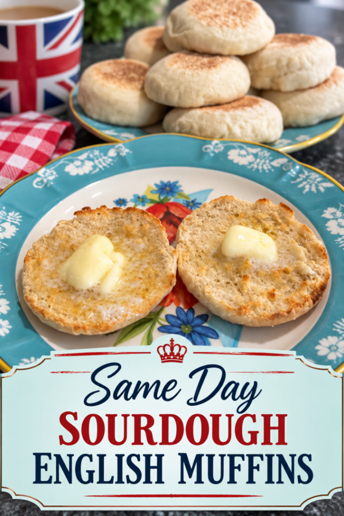 Homemade sourdough English muffins split open and toasted with melting butter on a floral plate.
