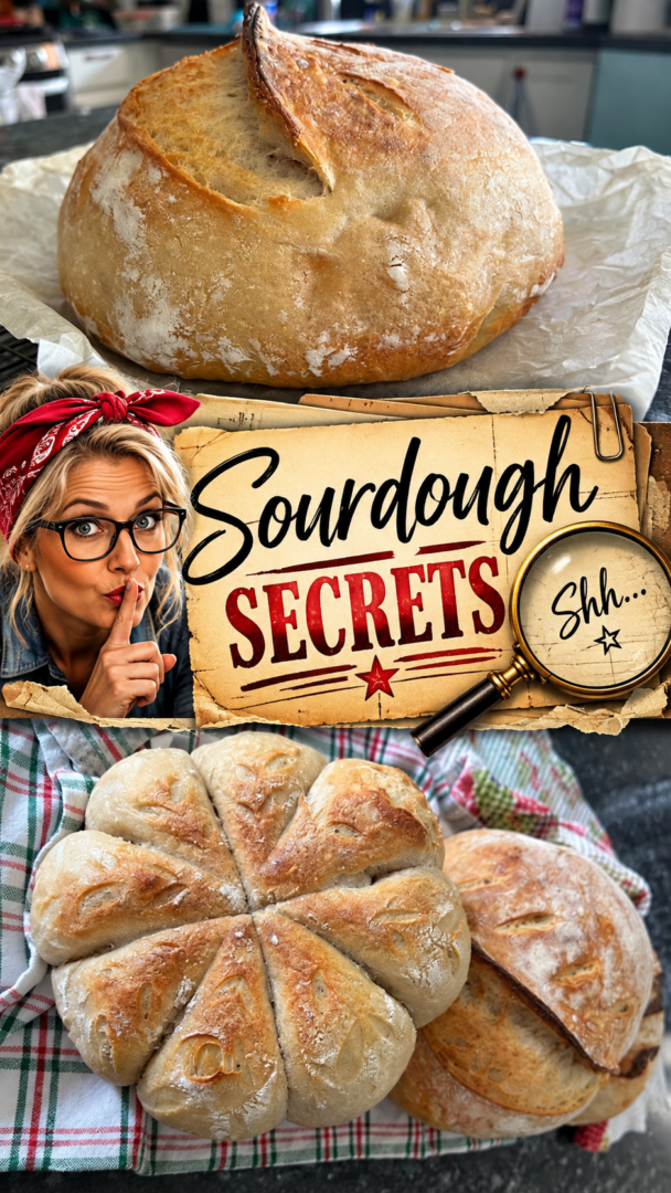 Sourdough Secrets Pinterest pin featuring homemade artisan sourdough loaves, a woman making a “shh” gesture, and a vintage top-secret design with a magnifying glass.