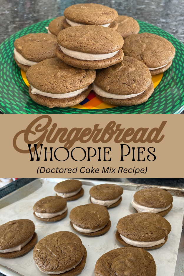 gingerbread whoopie pies on plate (pin for pinterest)