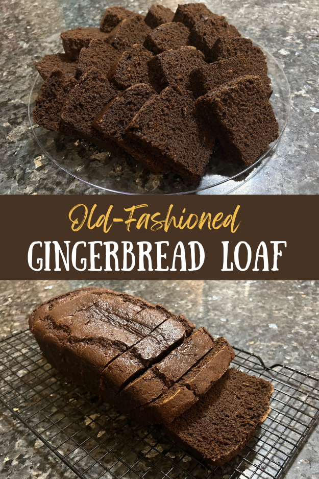 Old-Fashioned Gingerbread Loaf, sliced on wire rack, pin for pinterest