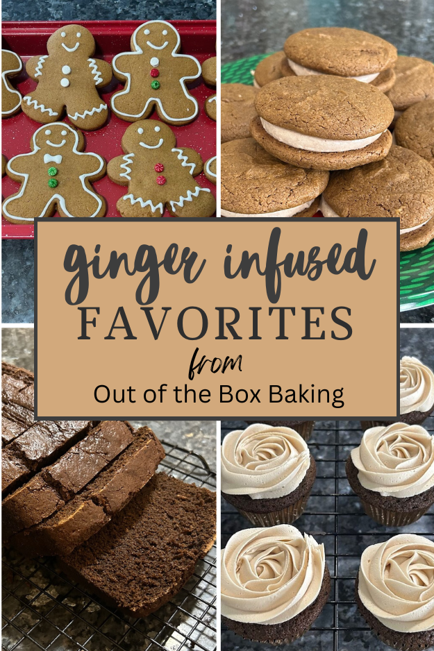 four ginger-infused baked goods: gingerbread man cookies, gingerbread whoopie pies, gingerbread loaf, gingerbread latte cupcakes with frosting