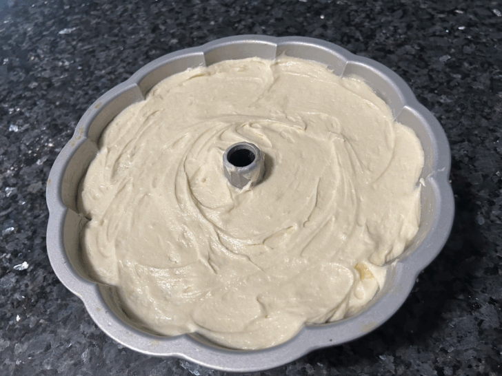 cake batter in bundt pan