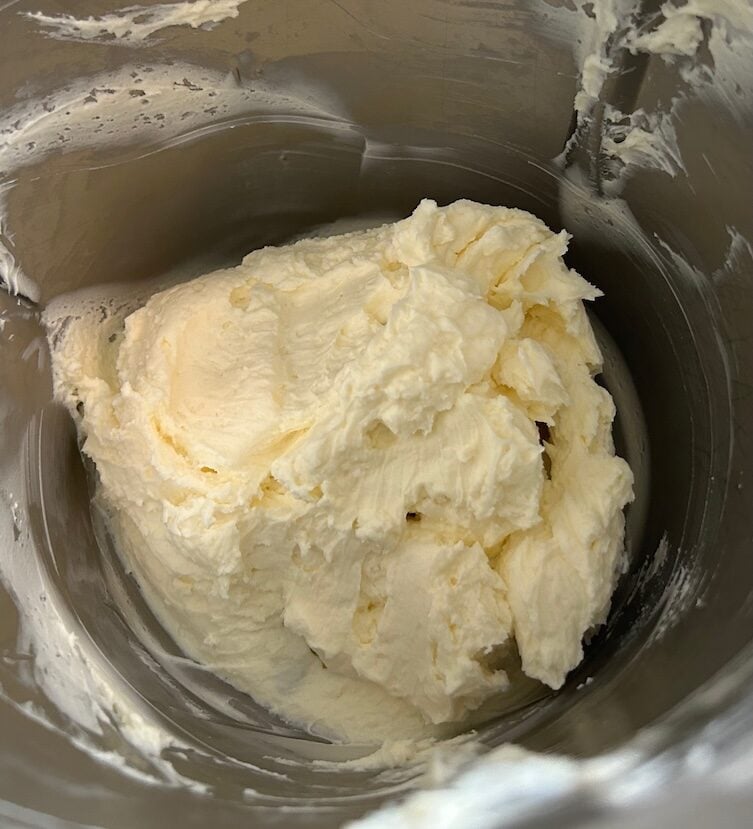 whipped butter and cream cheese in mixer