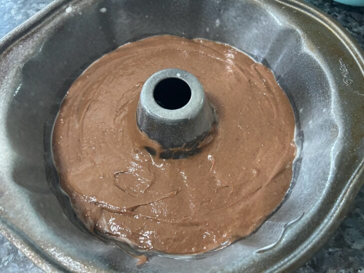 Mexican Hot Chocolate Bundt Cake batter in bundt pan