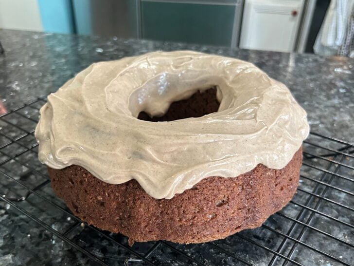 Mexican Hot Chocolate Bundt Cake with cinnamon cream cheese frosting