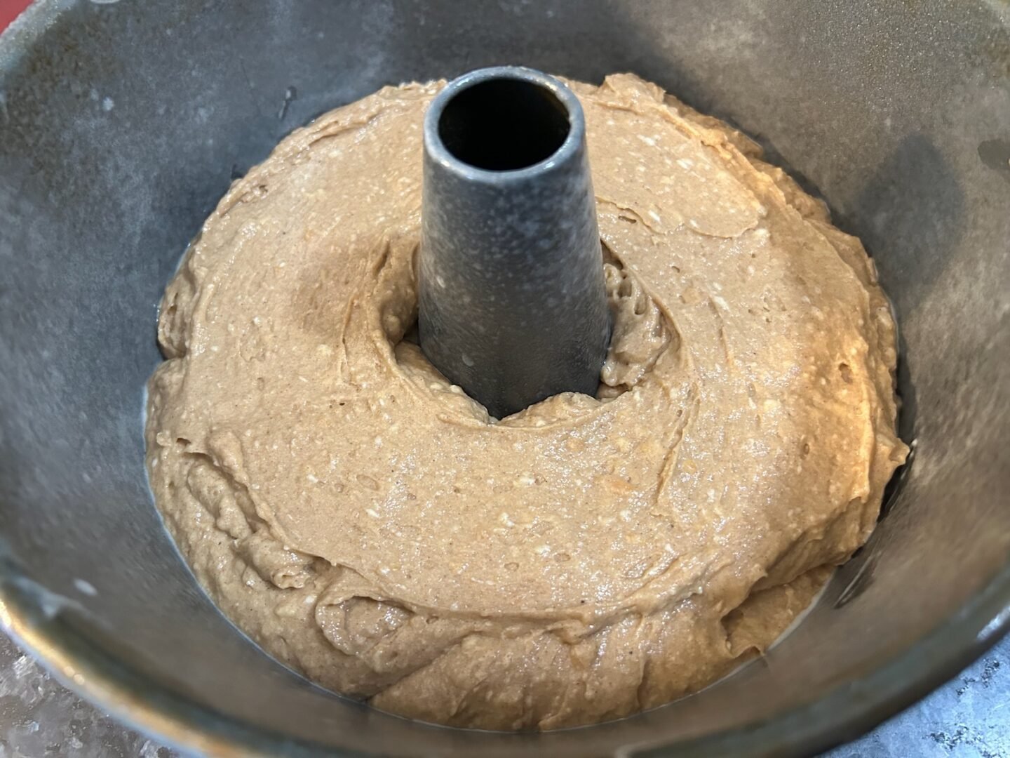 cake batter in tube pan