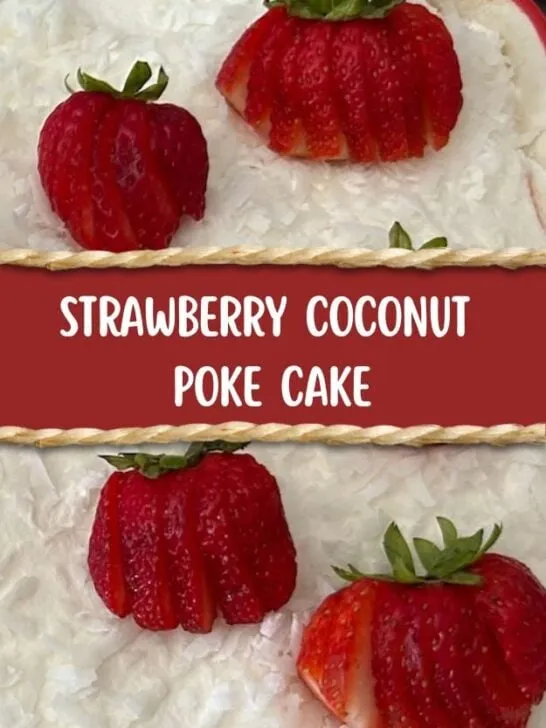 Strawberry Coconut Poke Cake pin for Pinterest