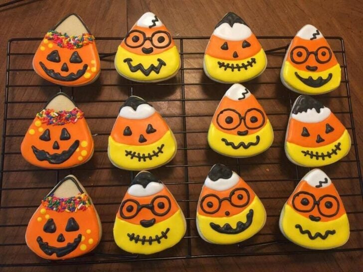 candy corn and jack-o-lantern cookies