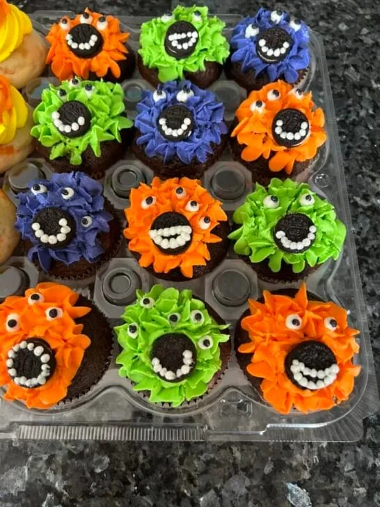 monster cupcakes in orange, purple, and lime green, great for Halloween