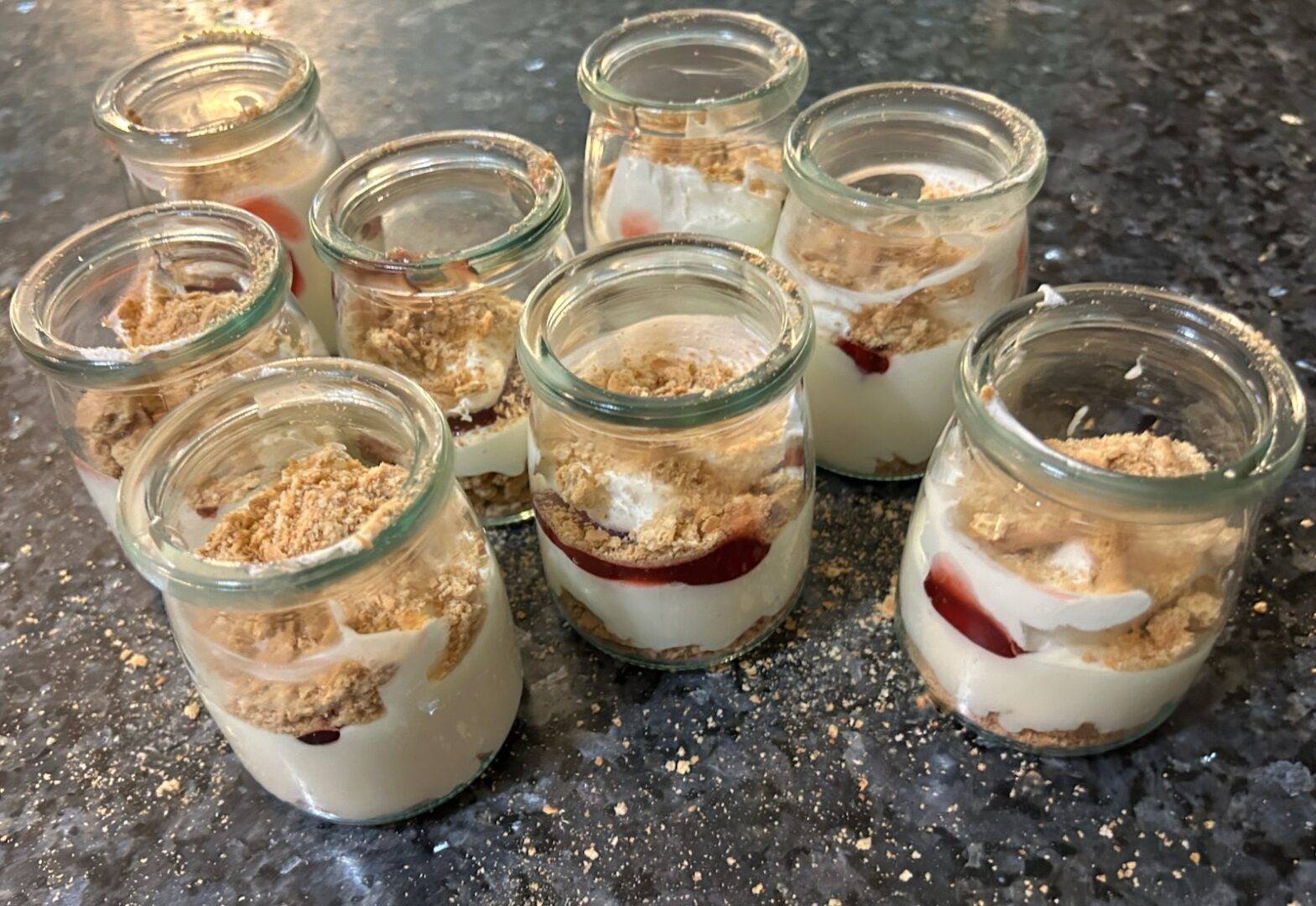 parfait layers in clear glass dishes