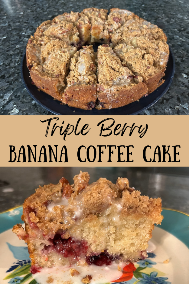 triple berry banana coffee cake pin for pinterest