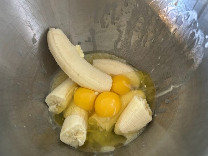 bananas, butter, eggs in mixing bowl
