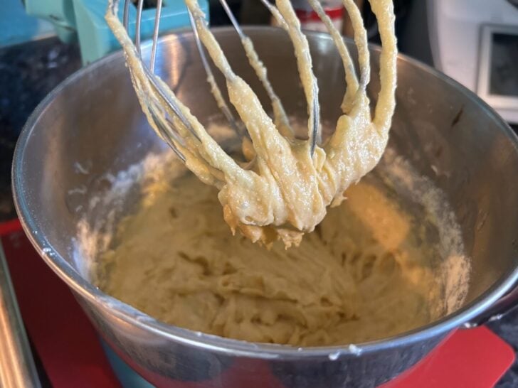 banana bread batter in mixing bowl