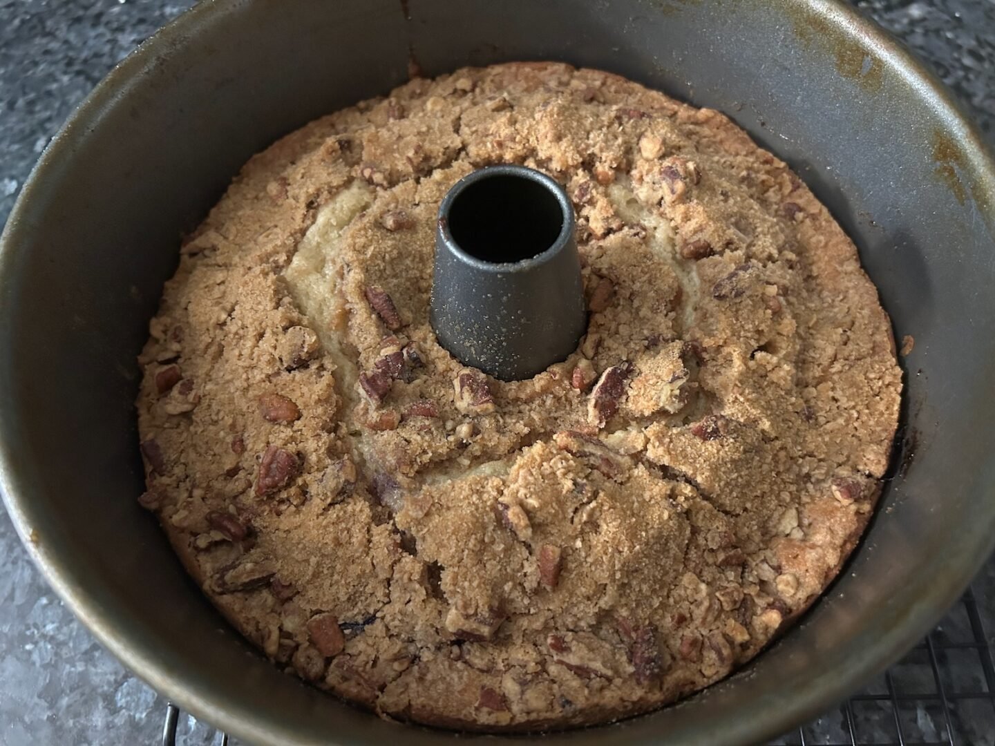 baked banana coffee cake in pan