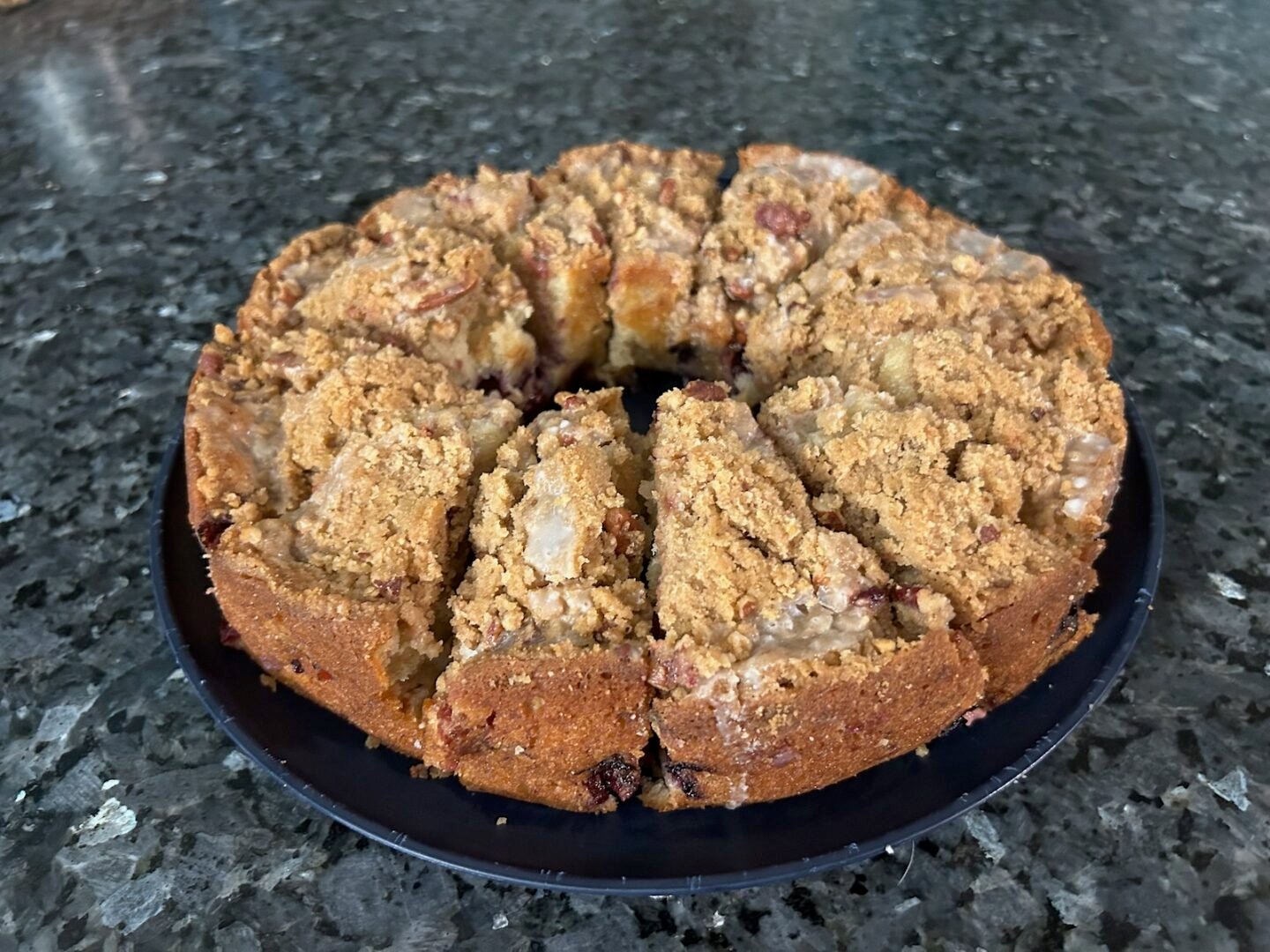 sliced and baked banana bread coffee cake