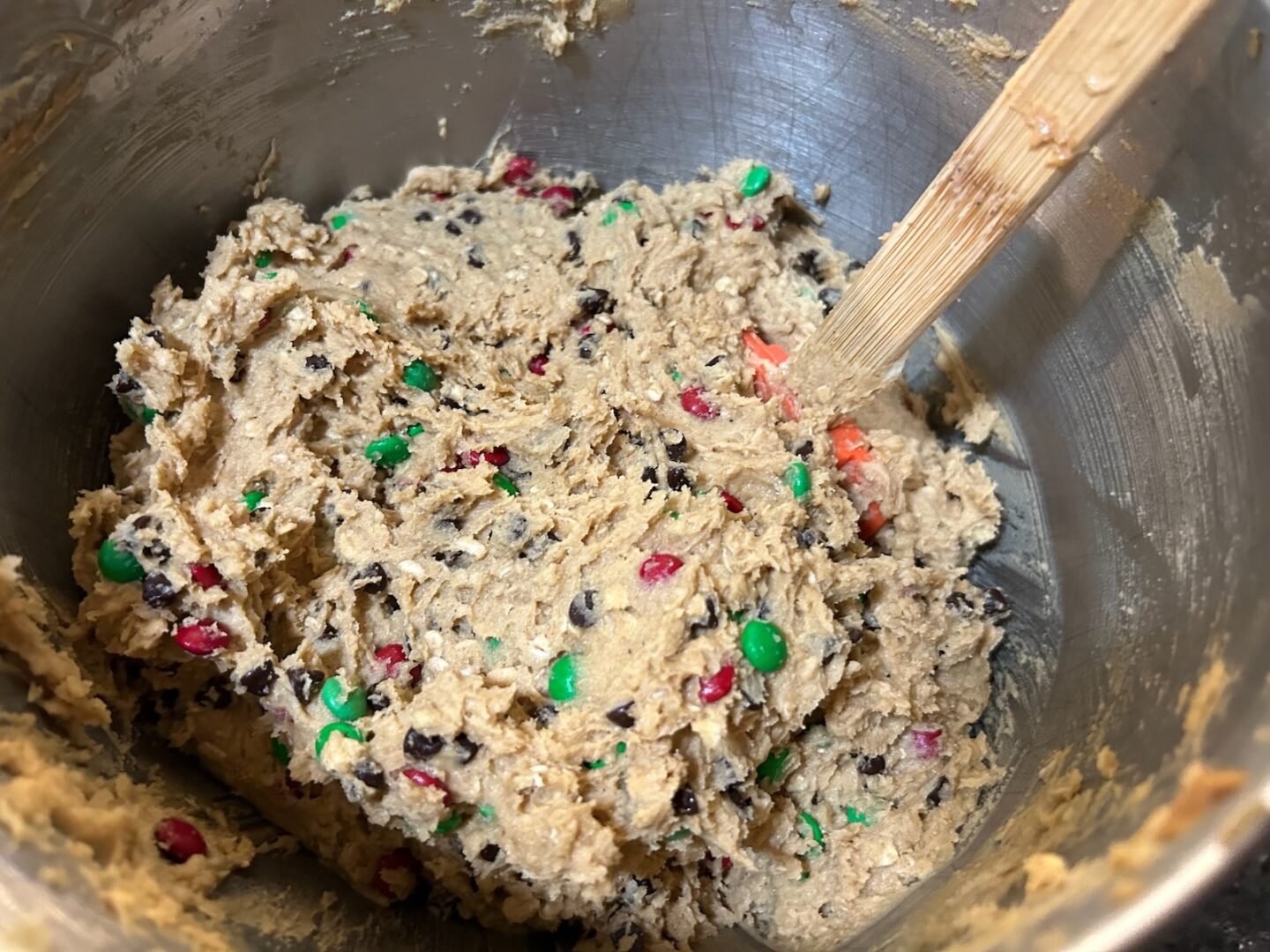 cookie dough in bowl with M&Ms