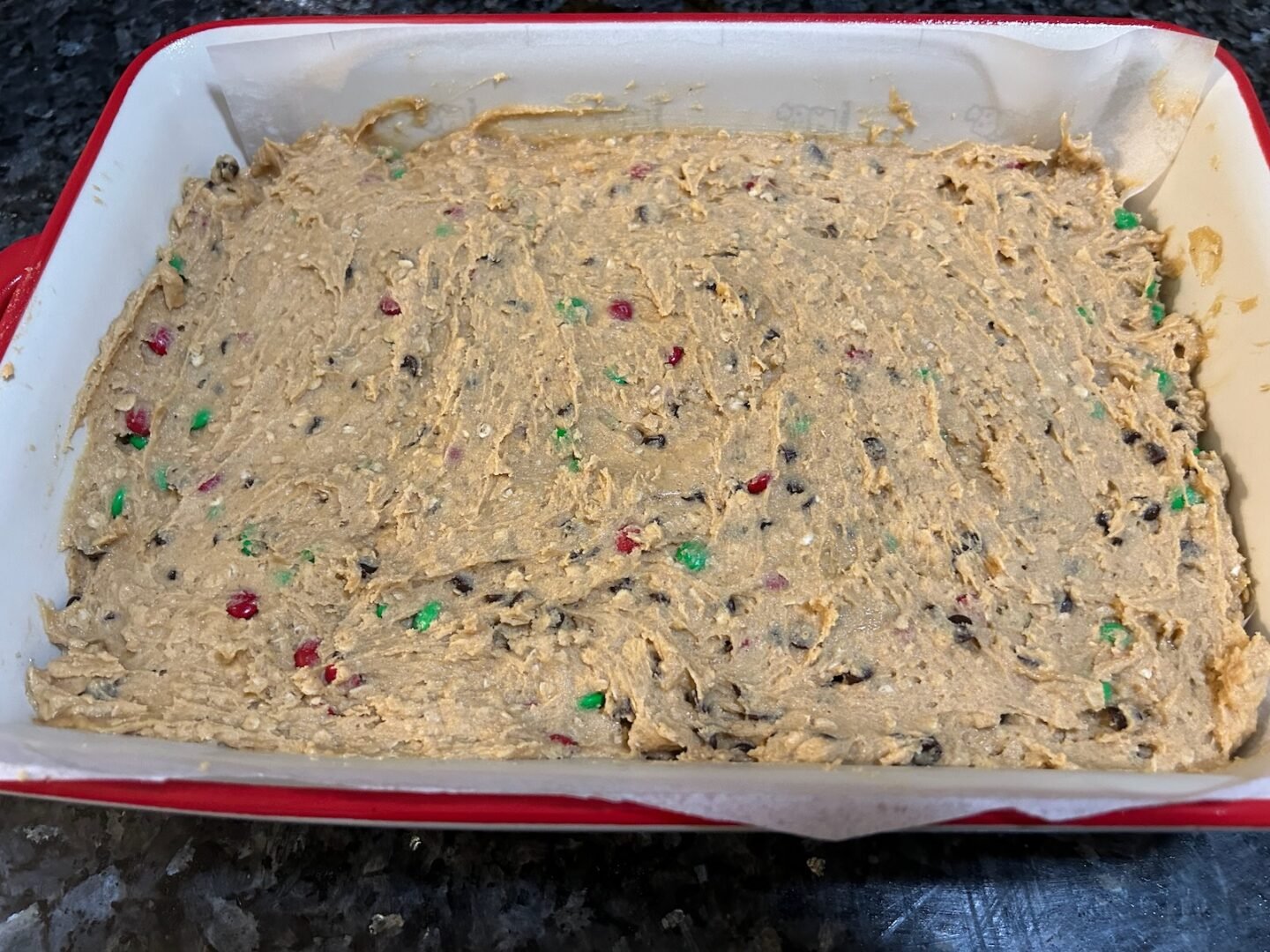 cookie dough in casserole dish
