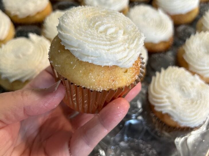 frosted cupcake with sanding sugar on top