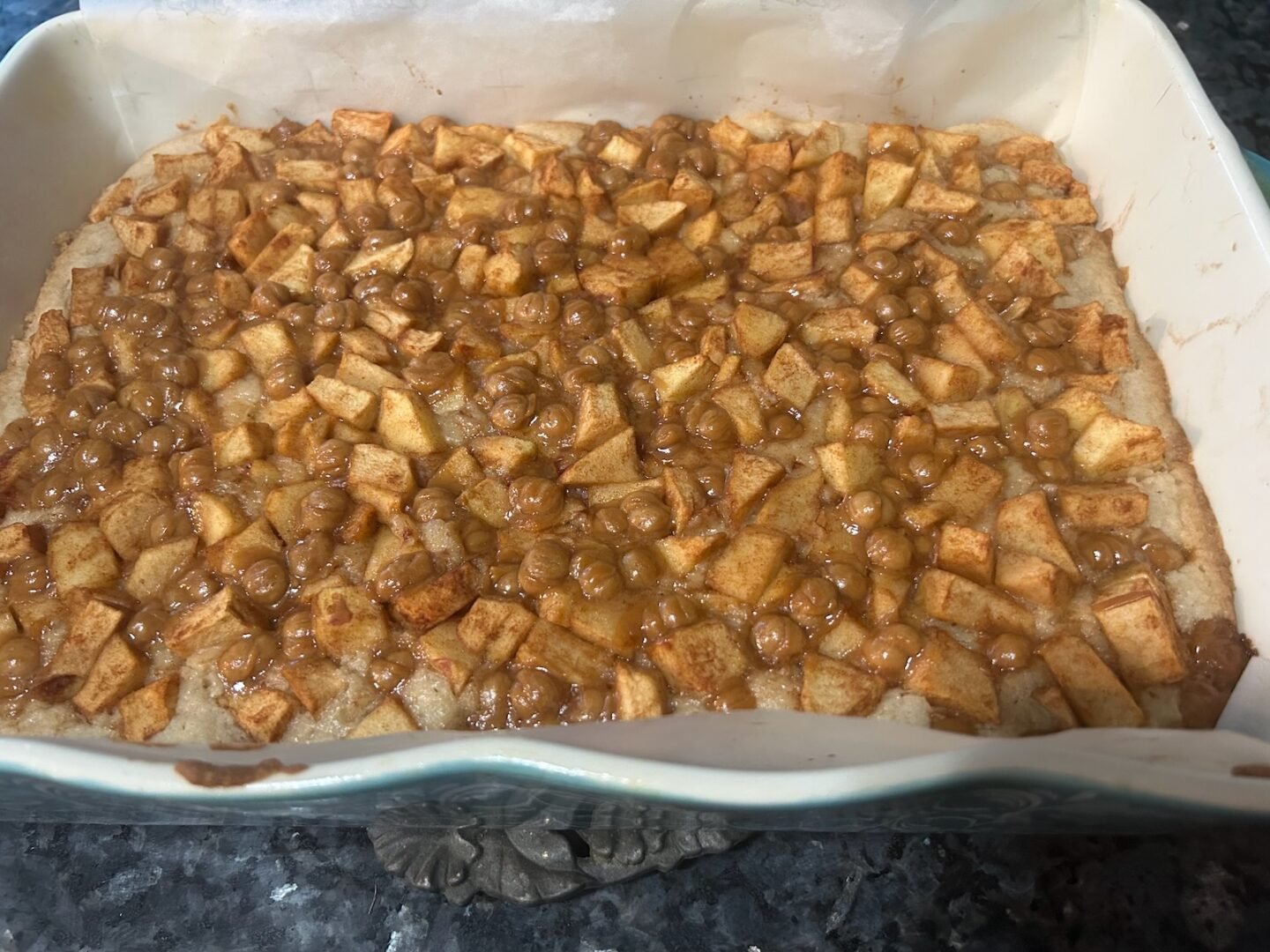 caramel apple snickerdoodle bars, baked and ready to be cut