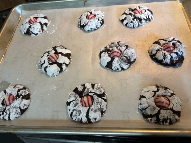 Mint kisses added to chocolate crinkle cookies