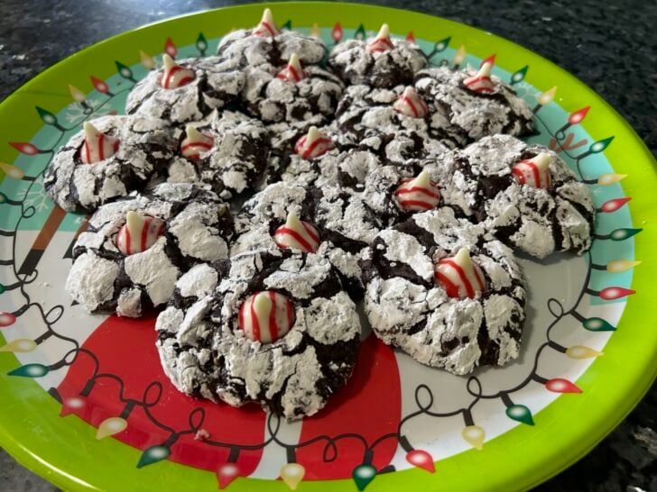 tray of peppermint brownie kiss cookies