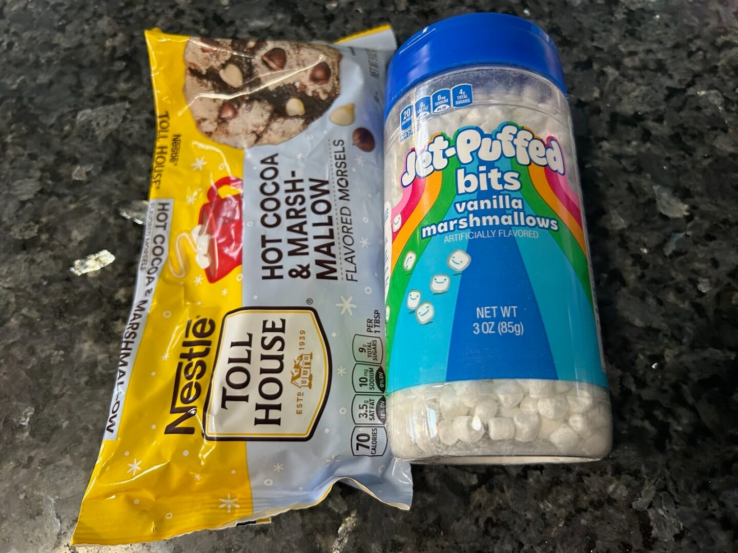 jet-puffed marshmallow bits and nestle hot cocoa & marshmallow flavored morsels
