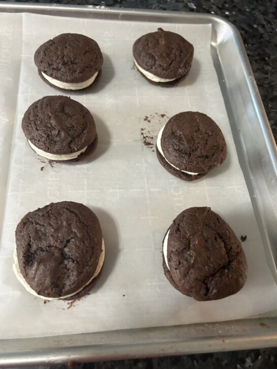 Candy Cane Whoopie Pies sandwiched together