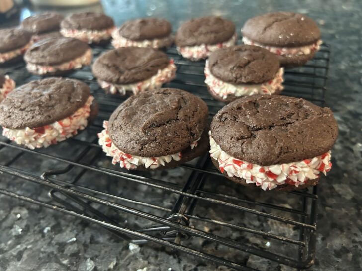 Candy Cane Whoopie Pies rolled in peppermint chips