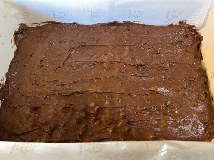 hot cocoa brownie batter in pan