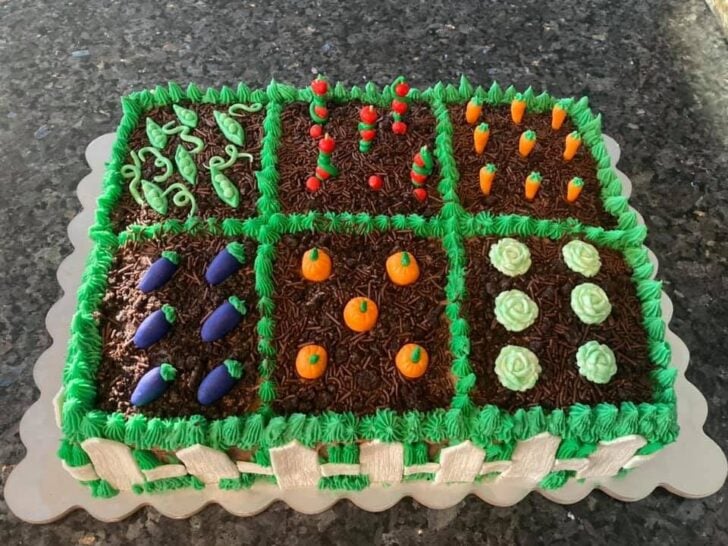 sheet cake decorated to look like a garden