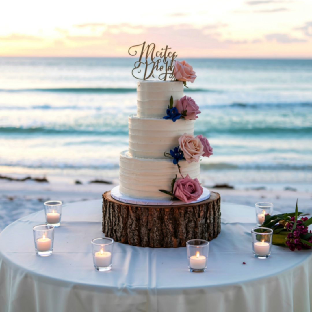 beach themed wedding cake with ocean in background