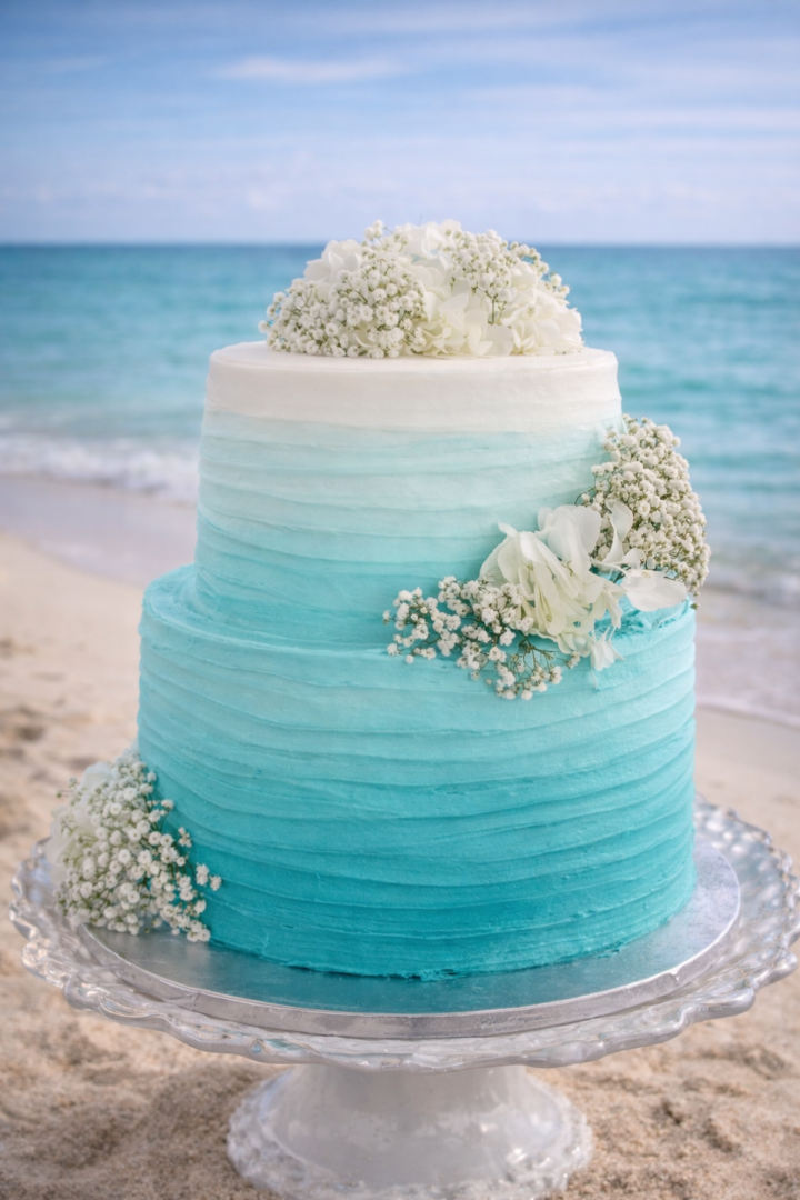 beach themed wedding cake with ocean in background