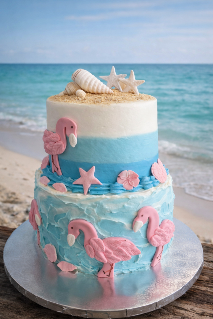 beach themed wedding cake with ocean in background
