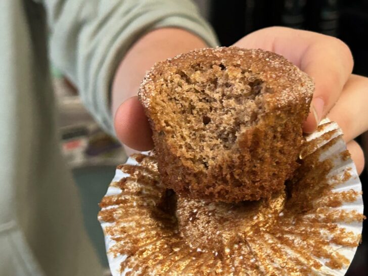 banana churro muffin, inside view after taking a bite. 